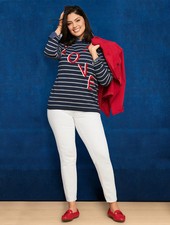 NEW 99 TALBOTS Indigo Blue,Gray Stripe Crewneck Sweater, Red Love Sz 2X