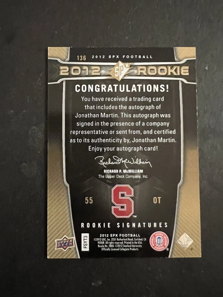 2012 SPx 021/225 Jonathan Martin #136 Rookie Auto RC - Image 2 of 2