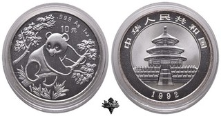 CHINA 10 yuan 1992 UNC PROOF SILVER 999 OZ OUNCE Silbermünze Panda bullion