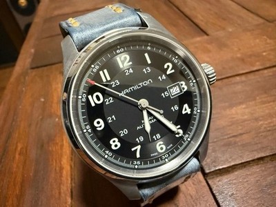 Exc+5 HAMILTON Khaki Field Titanium Auto H705250 Schwarz Datum Herrenuhr Gebr...