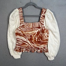 Love The Label Womens Size Medium Puff Sleeve Top Brown & White