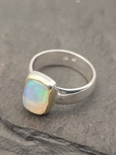 Opal Ring 925 Silber Vergoldete Fassung –massiver Edelstein Ring Gr. Verstellbar