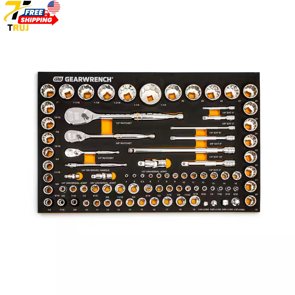 90T 1/4 In 3/8 In 1/2 In 90T SAE/MM Mechanics Tool Set with EVA Foam Tray 83 PCS