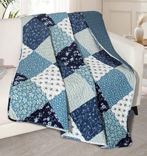 Quilted Throw Blanket Boho Blue Patchwork Microfiber Reversible Lap Quilt 50x60