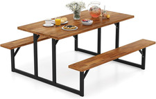 Acacia Wood Picnic Table Set for 6 with Umbrella Hole Sturdy Metal Frame