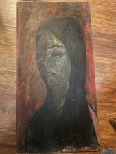 mid century painting on board Black Hair Lady, Signed