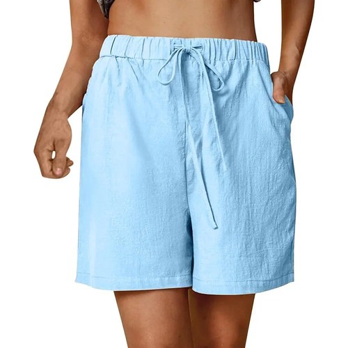 Pantaloncini corti donna estivi casual con coulisse tinta unita cotone lino. - Foto 11 di 25