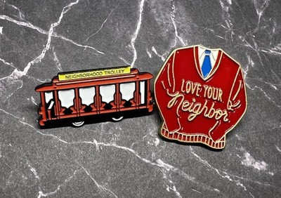 2 Mister Roger's Neighborhood Trolley Red Sweater TV Make Believe Hat Lapel Pin