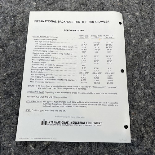 International Harvester 3121 3131 3141 Backhoe Dealer's Brochure - Picture 2 of 2