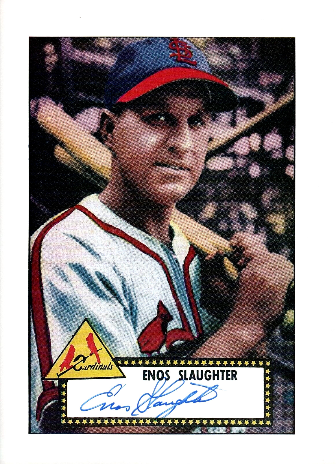 ENOS SLAUGHTER CARDINALS AUTOGRAPHED 1952 TOPPS BASEBALL CARD 9x12 PHOTO w/ LOA