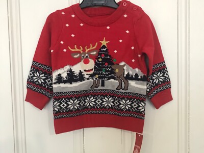 Weihnachtspullover Dunnes rot Alter 12-18 Monate/Höhe 86 cm/34 Zoll neu mit Etikett