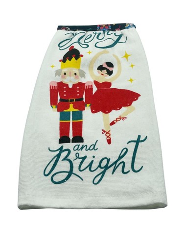 Christmas Hanging Dishtowel "Merry and Bright" Nutcrackers on White Towel - Picture 4 of 6