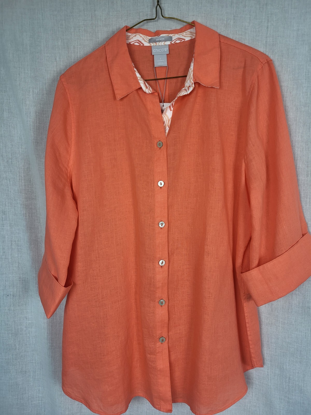 Chico’s No Iron Button Down Shirt Women Size 1 Orange 3/4 sleeve NWT