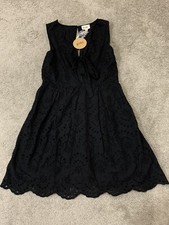 BIBI Eyelet Mini Dress Black Women’s Large Full Skirt Tie Front V Neck Feminine