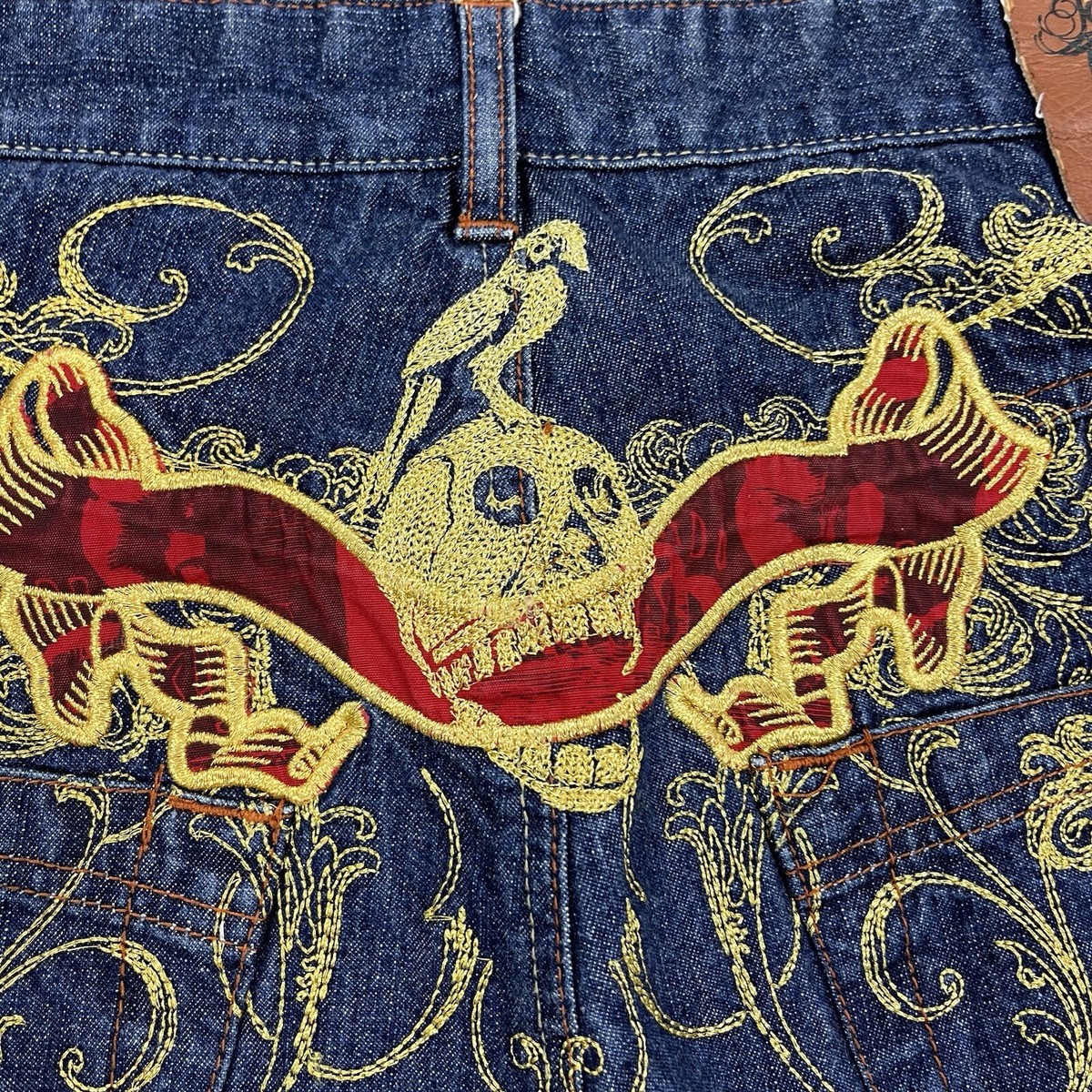 Johnny Blaze Shorts Mens 42 Blue Denim Baggy Skater Y2K Skeletons