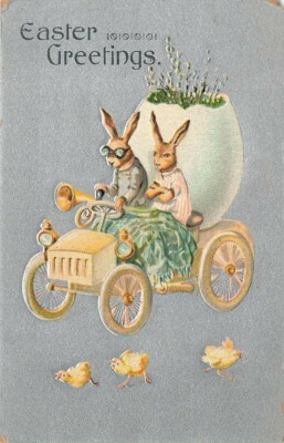 c1910 Anthropomorphic Rabbits Driving Car Dressed Humanized Fantasy Easter P303