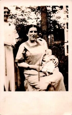 Postcard RPPC Woman in House Dress Holding Baby, Six Weeks Old, Circa 1904-1918