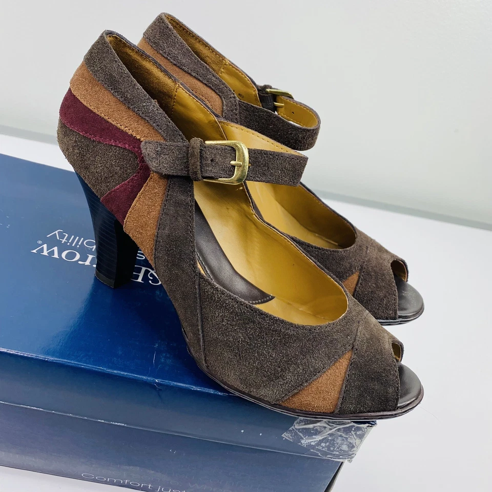 Croft & Barrow Nicolette Marrón Gamuza Punta Abierta Mary Jane Bomba Estilo Vintage Talla 9M Foto 2 de 4