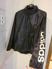 Adidas Womens Large Black Hodded Windbreaker Jacket Logo Sleeve NWOT
