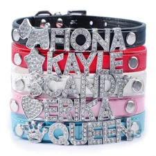 Personalized Bling Rhinestone PU Leather Pet Dog Collars with Free Name Charm 