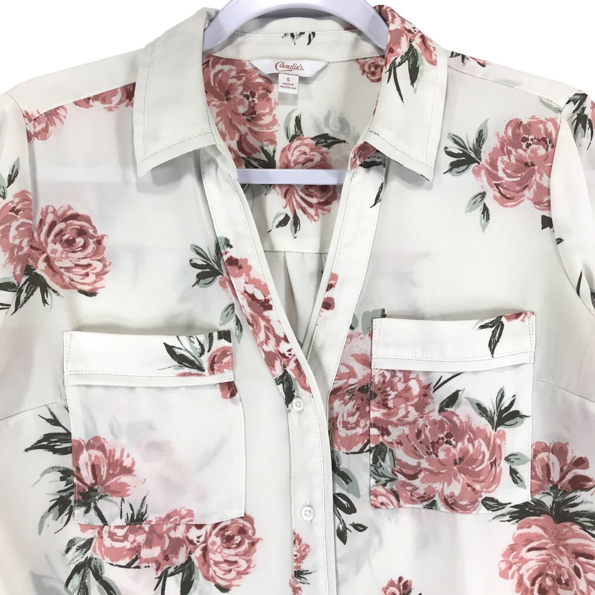 Candies Blouse Women's S Ivory Pink Green Poly 2 Pocket Roll