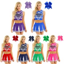 Womens Cheerleading Outfit Sleeveless Crop Top Mini Pleated Skirt With Bowknot