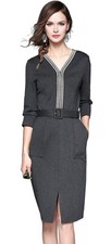 Uejunbo Womens V-Neck Pencil Dress W/Belt/Pockets/Split XL Gray Office/Work NWT