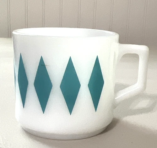 Vntg Fire King Glass Mug Cup Harlequin Diamond Turquoise Teal Blue Aqua D Handle