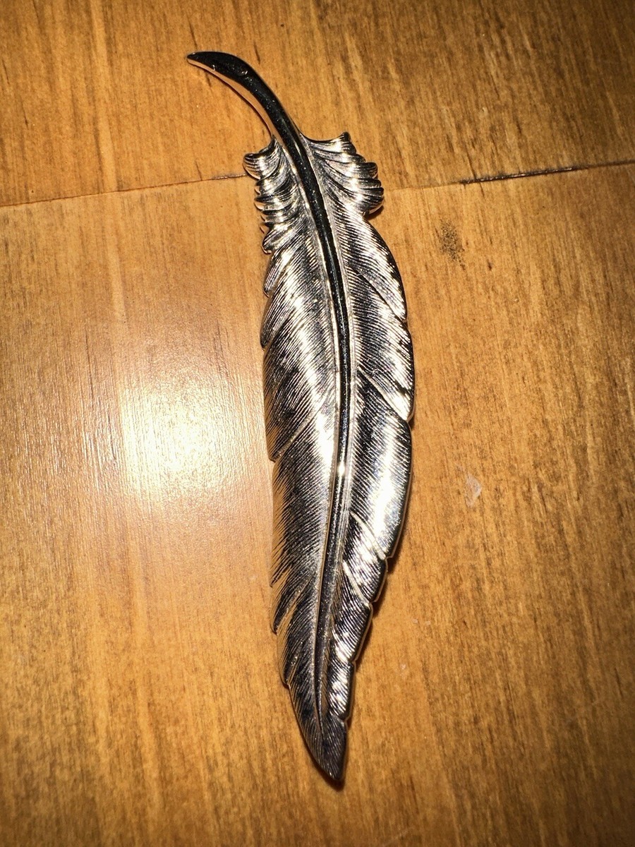Vintage Monet Feather Pin Brooch, Silver Toned,