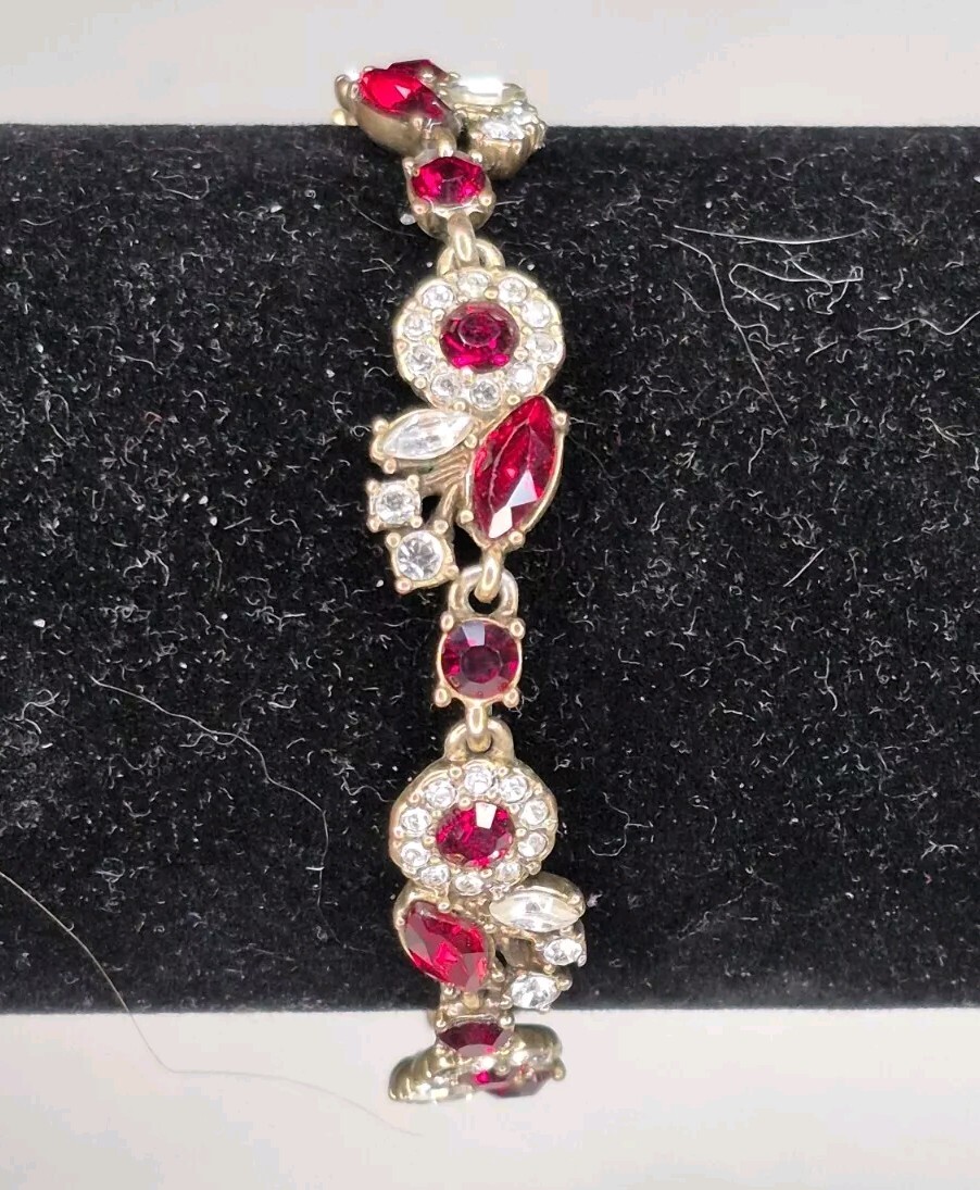 Givenchy Gold Tone Red Crystal Stone Tennis Flex Bracelet Signed