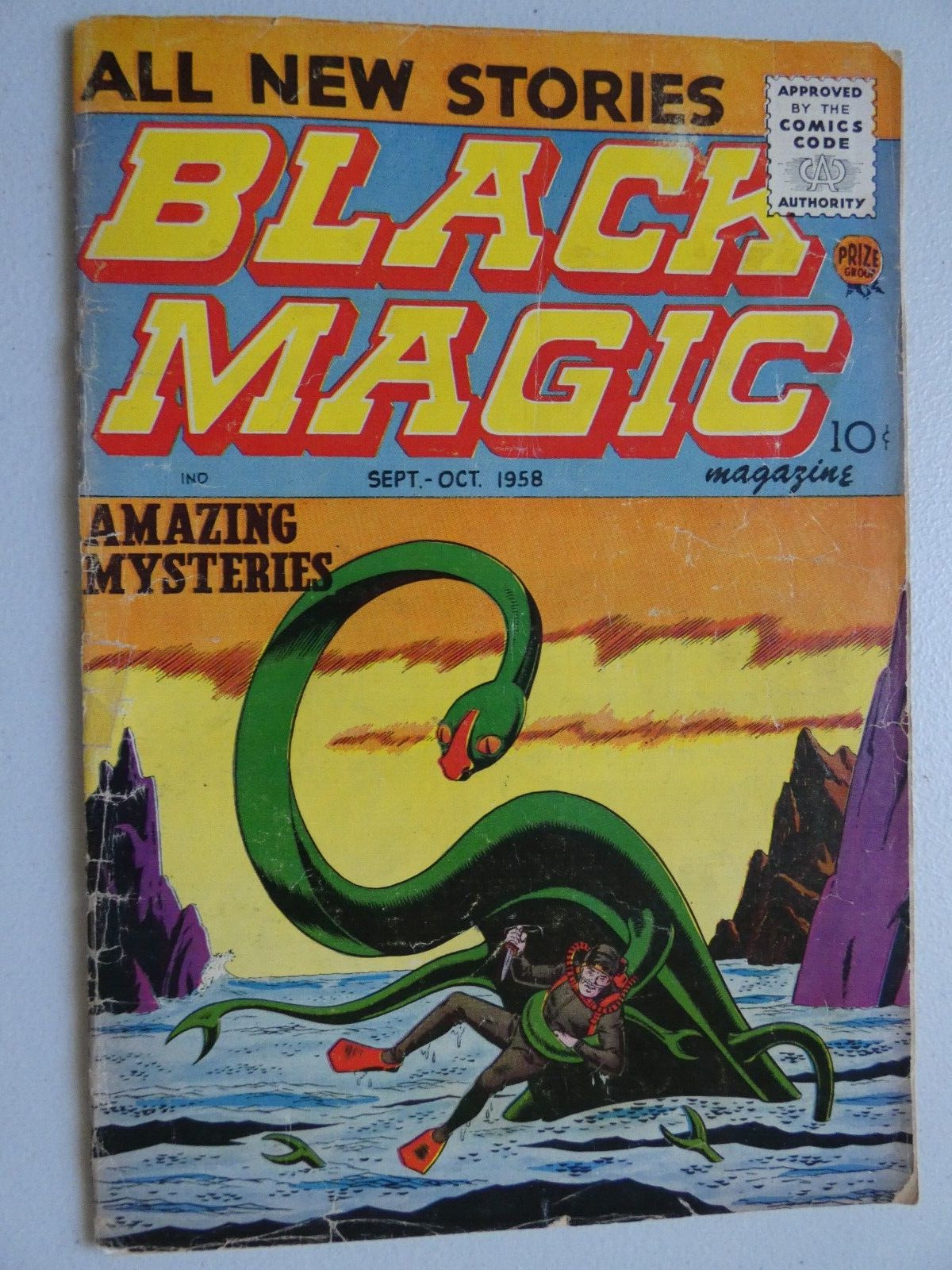 BLACK MAGIC #40, (V7#1) *** Prize Publications (1958) Sea Monster Cover
