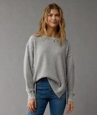American Eagle Seriously Lived-In Waffle Knit Oversized Sweatshirt Gray Size XS