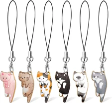 6 Pcs Cat Charm for Cell Phone Kawaii Kitty Mobile Phone Charms Strap Cute Hangi
