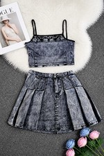 Teen Girls 2pc Denim Outfit Set Cami Crop Top  Pleated Skirt Size 9
