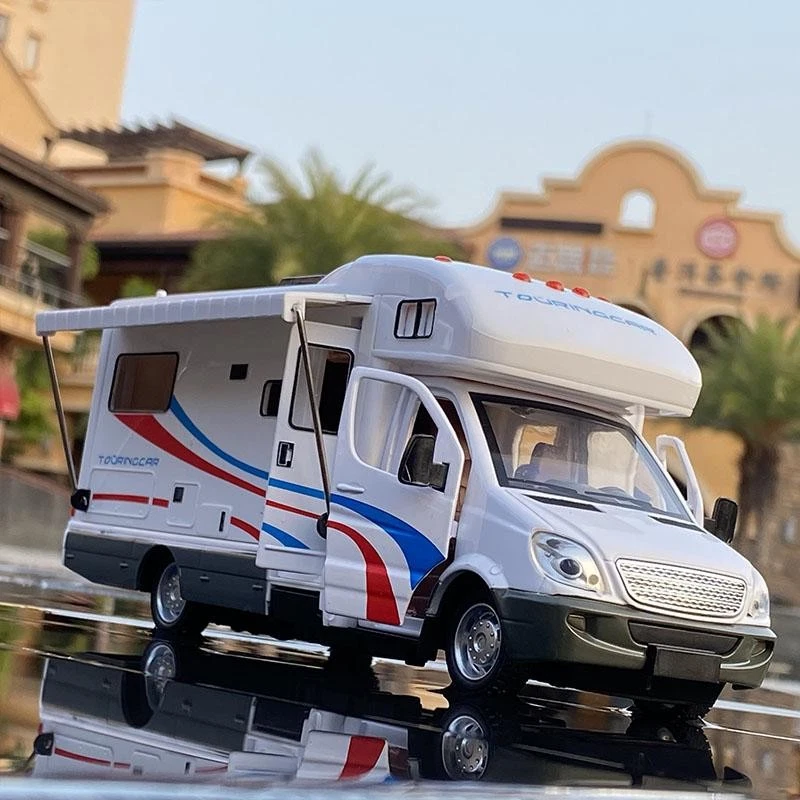 Autocaravana diecast diecast 1:28 cámper furgoneta modelo metal vehículo turístico luz de sonido juguete Foto 2 de 4