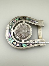 Mexican Alpaca Abalone Aztec Calendar Horseshoe Belt Buckle 58.26g