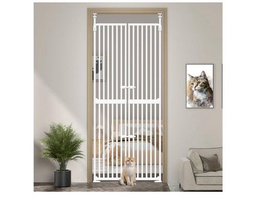 71" High Extra Tall Cat Gate - Auto Close Safety Gate with Double Pet Door fo...