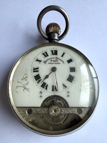 ANTIQUE C 1919 FRENCH HEBDOMAS SILVER POCKET WATCH. SPARES OR REPAIR. SWISS MADE