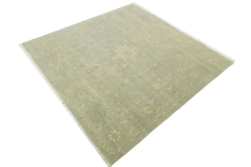 8x8 ft Handmade Floral Transitional Square Oriental Rug Muted Aqua Green Carpet - Image 4 of 4