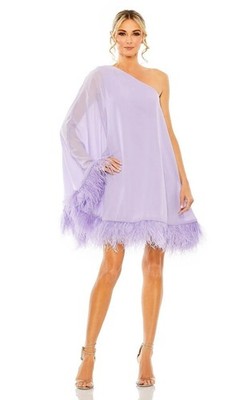 Mac Duggal Women's Lilac Feather-Trimmed Trapeze One Shoulder Mini Dress Size 8
