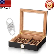Portable Cedar Wood Cigar Humidor Hygrometer 15-20 Cigars Metal Cutter Black