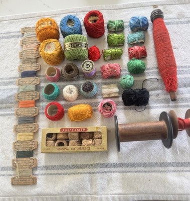 Vintage Sewing Craft Lot Cotton Threads Wood Bobbins -Cartier-Bresson, JP COATS+