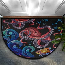 Half Round Rugs Octopus Sea Wave and Tropical Fish Semicircular Indoor Door M...
