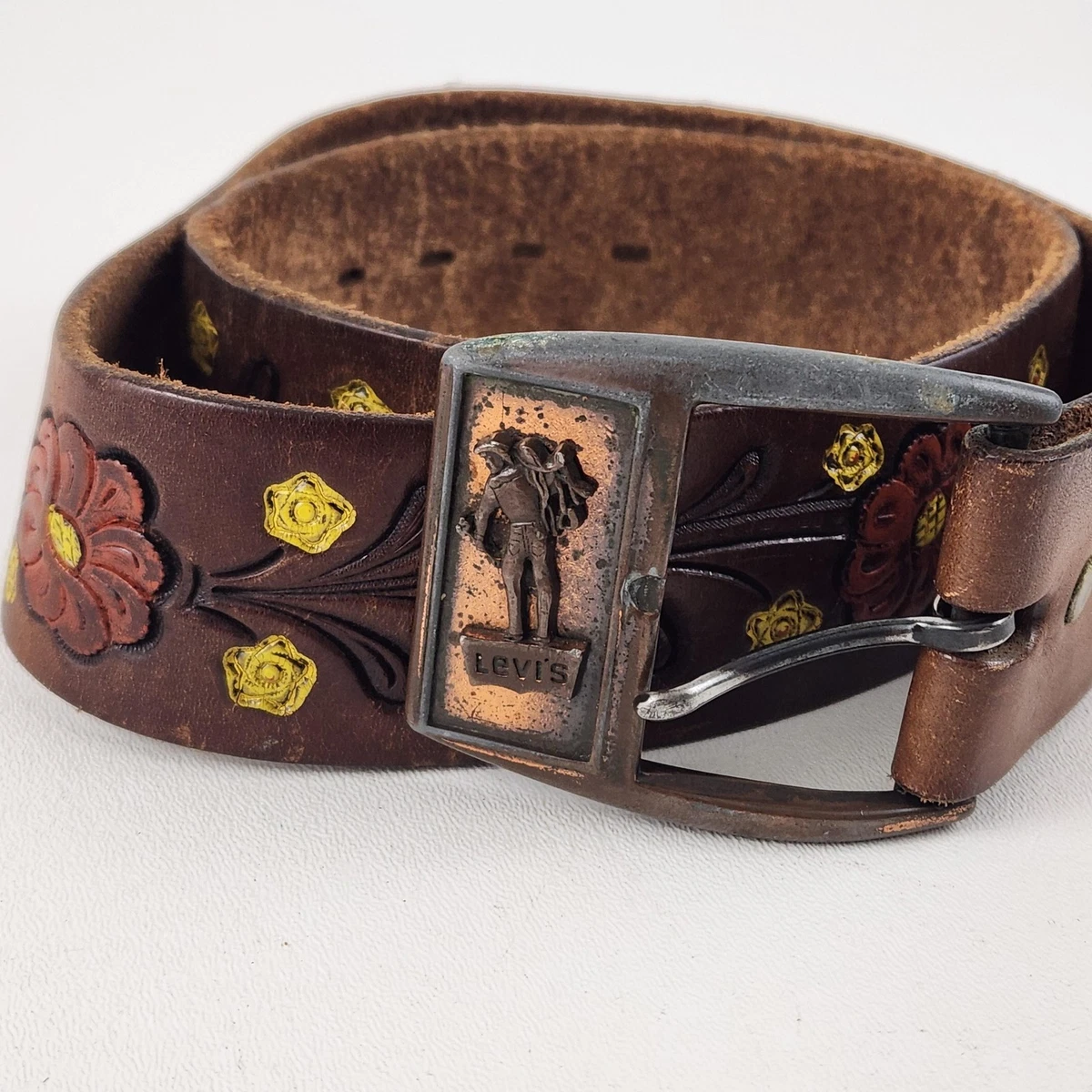 Rustic Leather Belt & Silver Metal Floral Buckle Size 32 Black Floral – Vogt Silversmiths main image 2