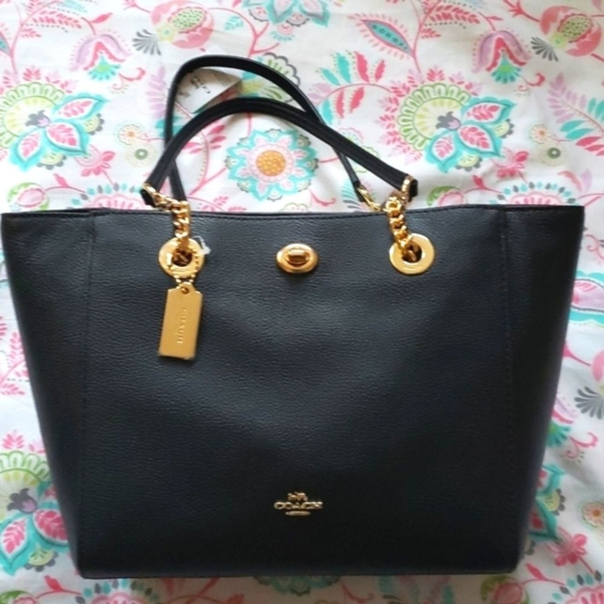 NWT COACH Turnlock Black Pebbled Leather Chain Tote Bag | eBay