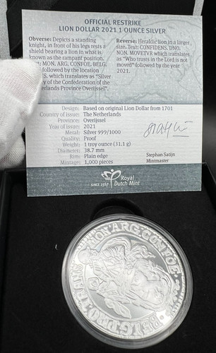 2021 Netherlands Silver 1 oz Proof Lion Dollar Restrike Royal Dutch Mint Box&COA