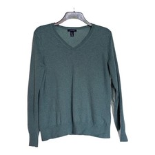 Lands End Ladies Sage Green V Neck Cashmere Jumper Size L UK 16-18 VGC Soft Warm