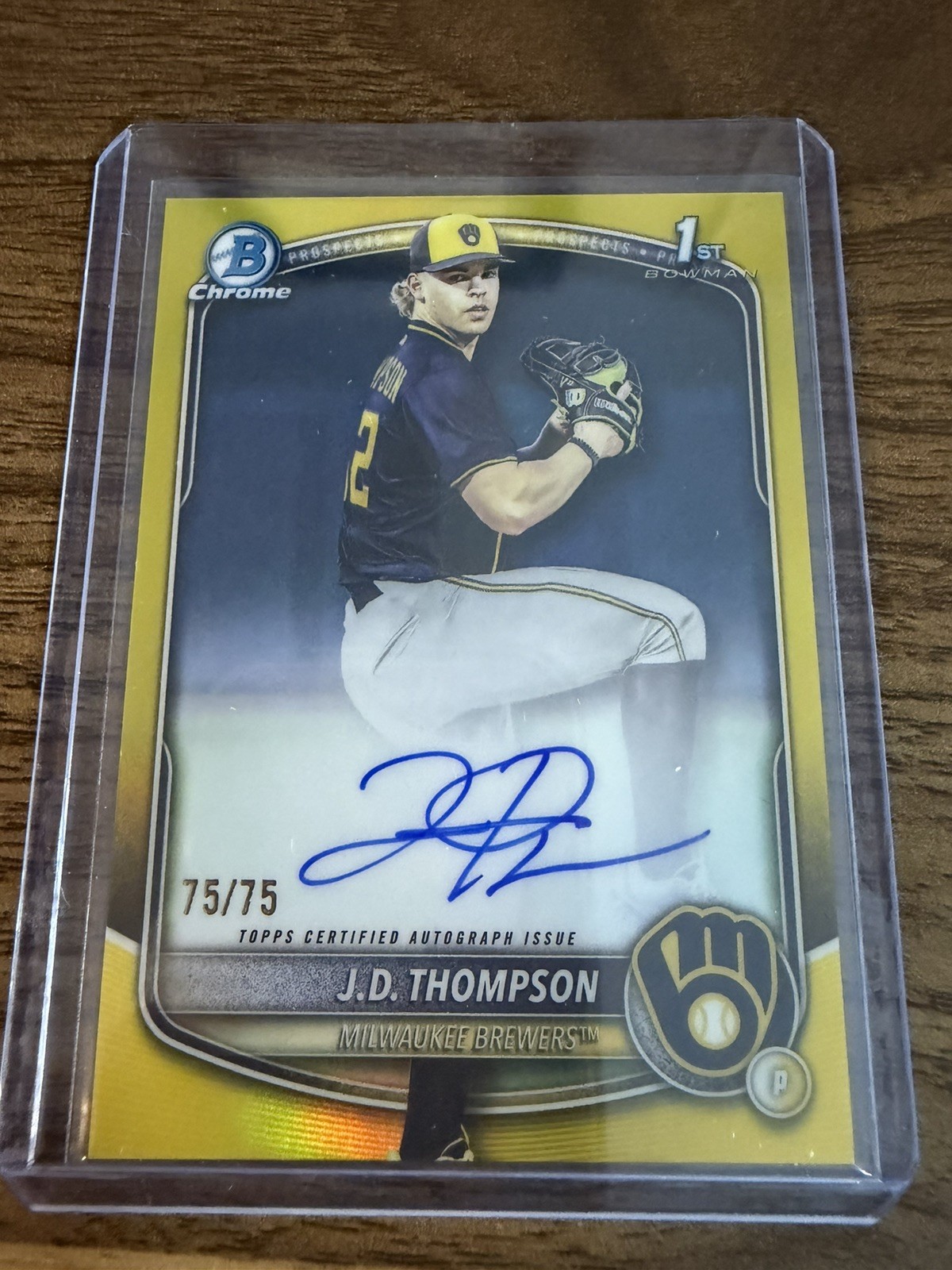 2025 Bowman Draft J.D. Thompson Chrome Auto Yellow Refractor 1st #/75 Brewers