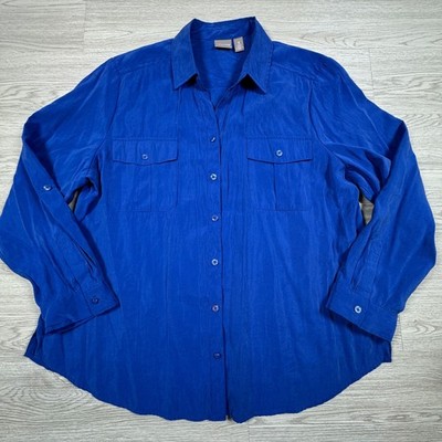 Chico's Women's Button Down Shirt Blue Size 3 Long Sleeve Roll Tab Modal Blend