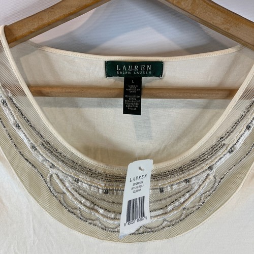 Lauren Ralph Lauren Tee T-Shirt Top Size Large Cream Beaded Round Neck Sheer - Picture 8 of 10